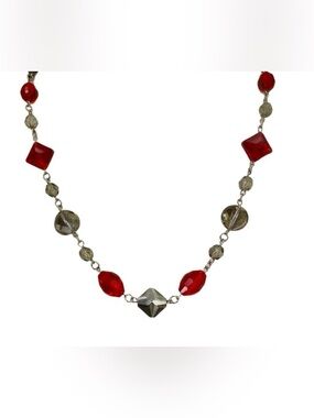 Elegant Red and Gray Glass Bead Necklace Hand Linked Oval Round Square Beads New